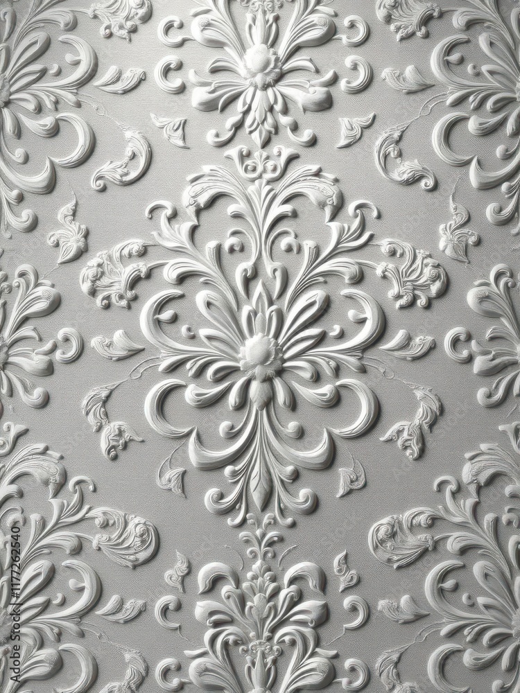 Fototapeta premium Intricate white & silver floral damask, elegant & refined, invitation,shabby chic