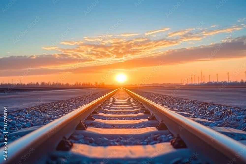 Fototapeta premium From a high-angle view on a sunny day, airport track stretches out like a ribbon into vanishing point against backdrop of a clear blue sky, with morning sun casting a golden glow on tarmac