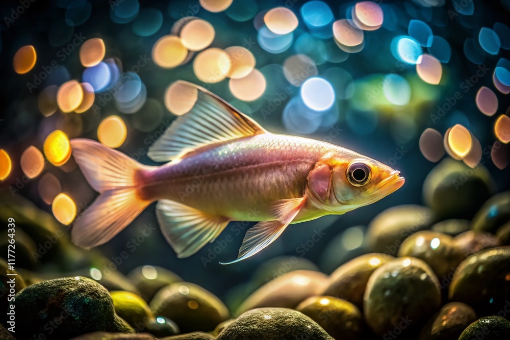 Fototapeta premium Blind Cave Fish in Dark Aquatic Habitat with Bokeh Effect - Stock Photo