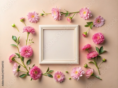 Pink Flowers & Blank Frame: Elegant Flat Lay Stock Photo