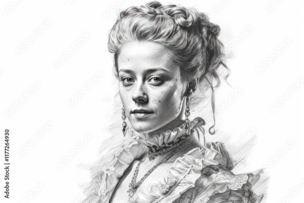 Fototapeta premium black and white image of a woman in retro style, apparently from the Baroque or Rococo era 