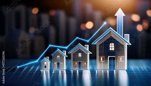 A financial growth chart highlighting real estate investments, showing increasing property values and returns. The visual emphasizes the upward trend in real estate profitability and market ... home
