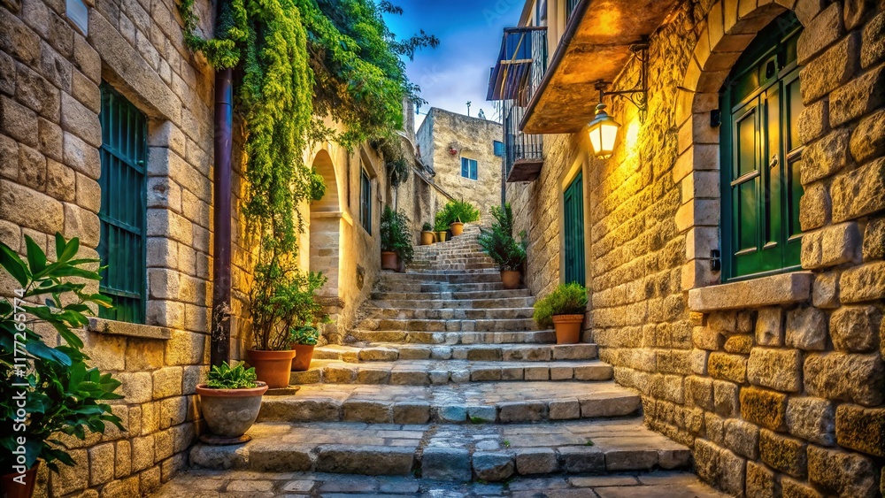 Obraz premium Safed Old City Stone Staircase: Connecting Quaint Streets & Historic Houses in Northern Israel
