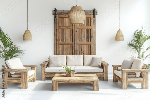 Spacious room with a wooden sofa set matching armchairs a rectangular coffee table and a fullsize wooden farm door creating a rustic atmosphere on a bright white background photo