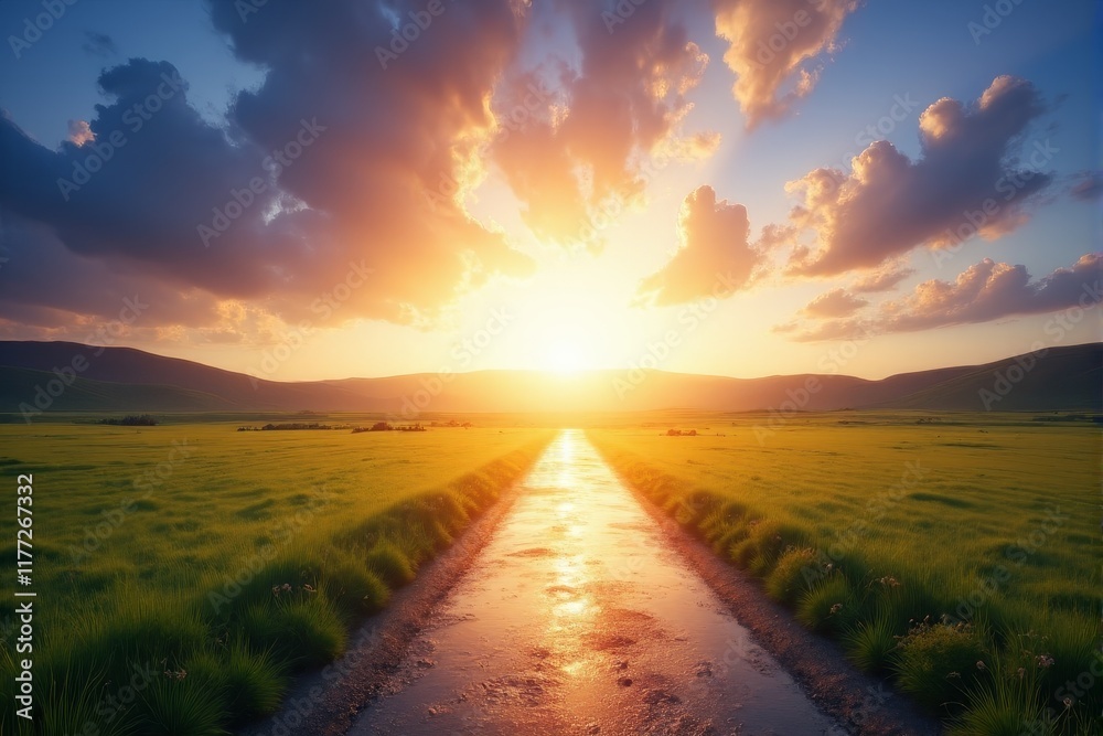 Obraz premium A calming scene of a glowing pathway leading to a bright horizon