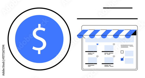 Blue dollar sign in a circle next to online storefront interface. Ideal for e-commerce, digital sales, online marketing, financial transactions, shopping websites, business growth, and web design
