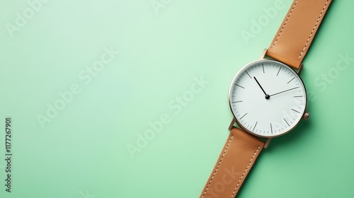 Wallpaper Mural A portable watch with leather straps on a pastel green gradient backdrop Torontodigital.ca