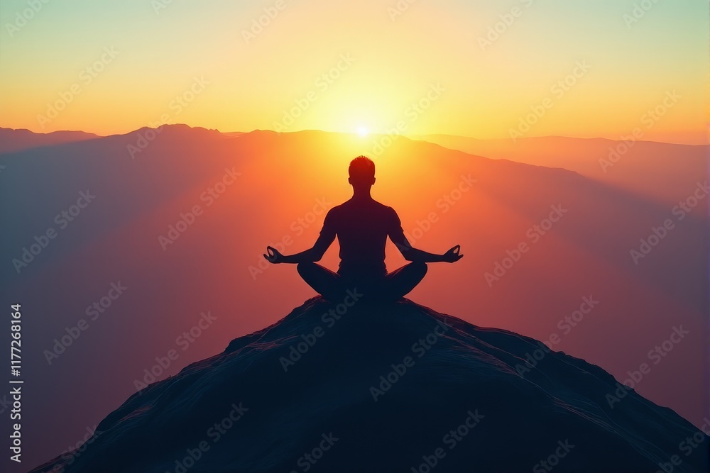 A serene visual of a person meditating on a mountain peak during sunrise A serene visual of a person meditating on a mountain peak during sunrise