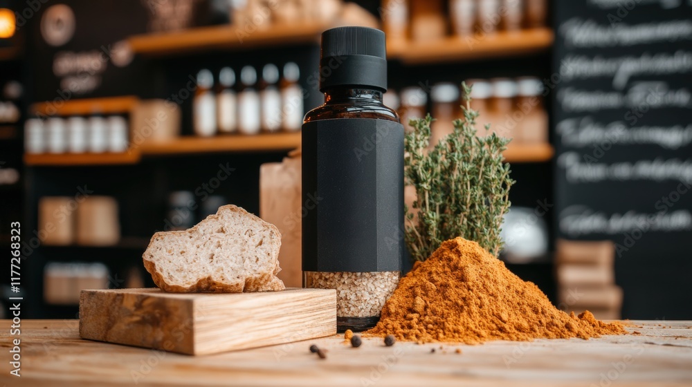 Naklejka premium Spices and herbs displayed on wooden table in a cozy culinary shop
