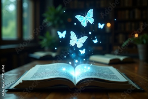 A conceptual image of an open book with glowing butterflies flying out