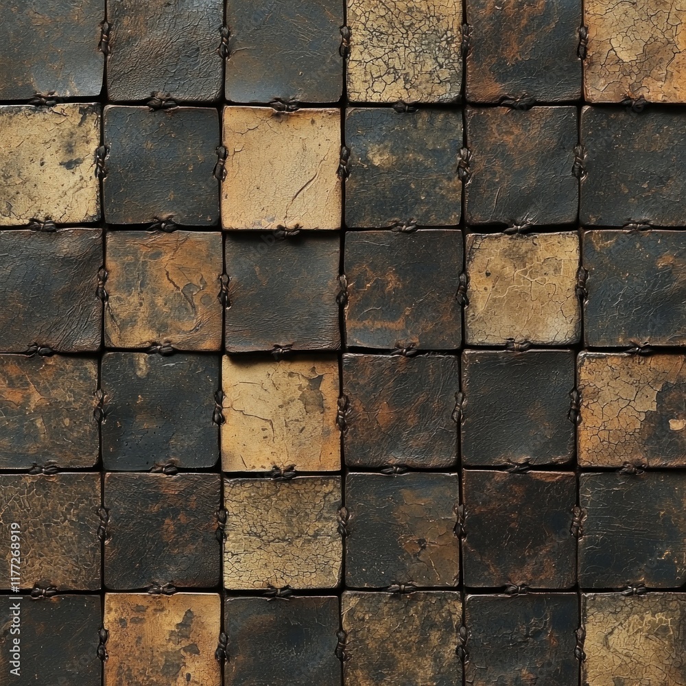 Fototapeta premium Rustic ceramic tiles connected with metal, creating textured wall art