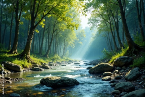 A peaceful scene of a river flowing gently through a forest