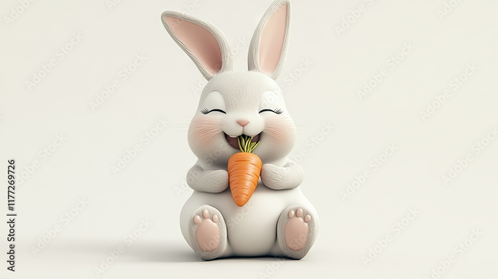 Obraz premium A joyful bunny feasting on a carrot, sitting with its hind legs folded, isolated on white.