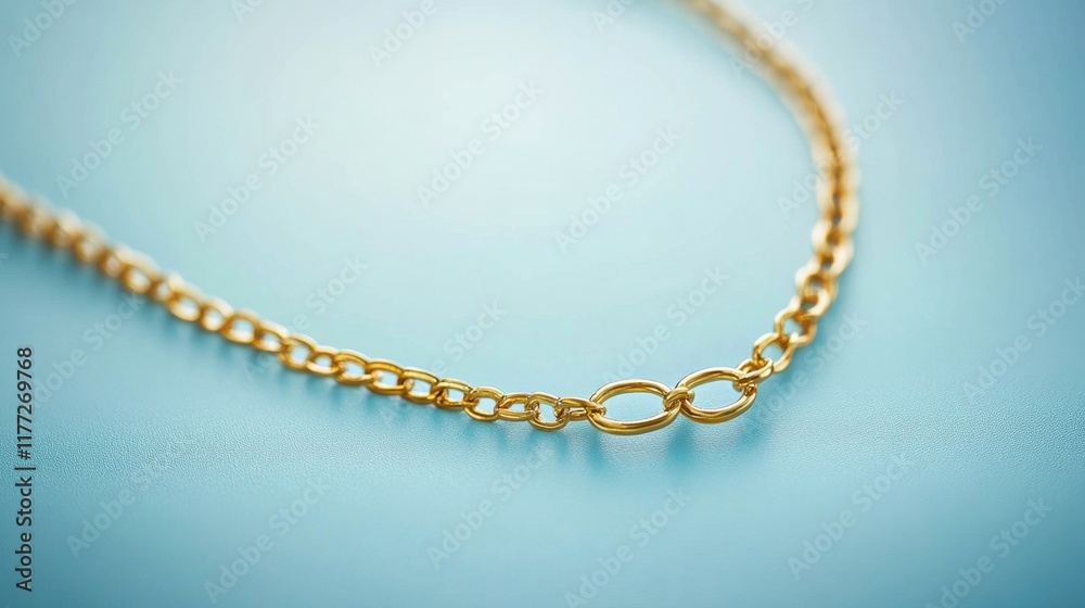 A simple gold chain styled against a powder blue background with soft lighting A simple gold chain styled against a powder blue background with soft lighting