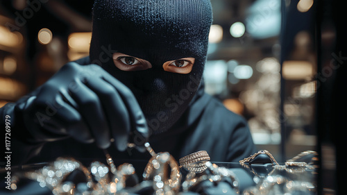 Masked burglar with black gloves stealing valuable jewelry