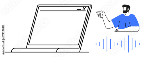 Man points towards large, open laptop screen, sound waves indicating speech. Ideal for digital communication, tech support, online conferencing, virtual meetings, customer service, tech tutorials