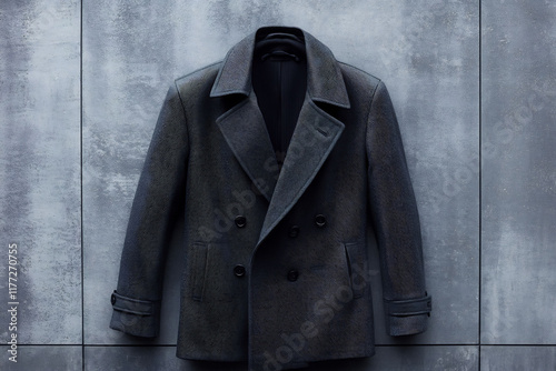 Stylish gray suit paired with a black trench coat arranged in a chic minimalist space The contrasting textures and elegant tailoring exude class and refinement