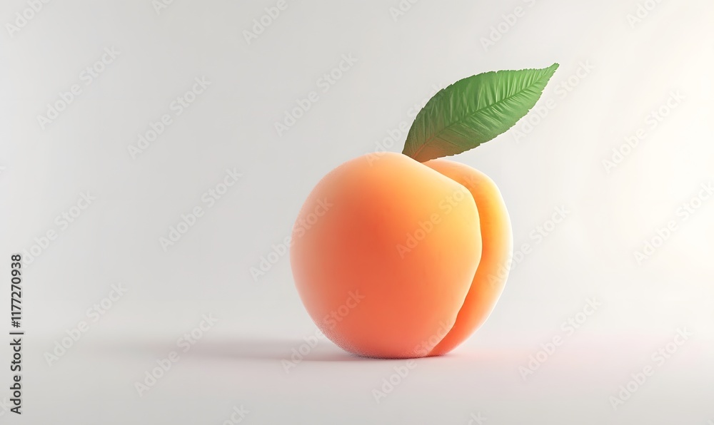 Single ripe peach with leaf on white background.