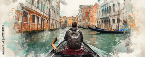 person with backpack enjoys gondola ride through serene Venetian canals, surrounded by historic architecture and vibrant colors, capturing essence of Venice