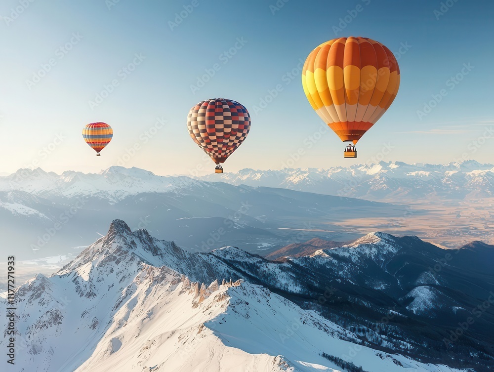 Vivid Valentine hot air balloons soaring over mountains, with the clear sky as a backdrop Vivid Valentine hot air balloons soaring over mountains, with the clear sky as a backdrop