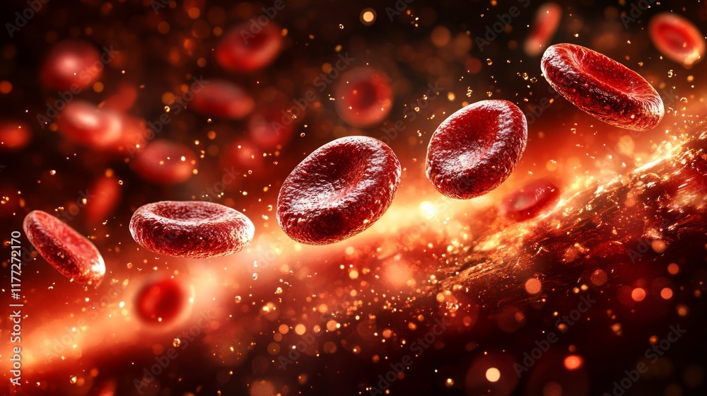 Fototapeta premium Dynamic Visualization of Red Blood Cells in a Stream with Vivid Lighting and Microscale Details