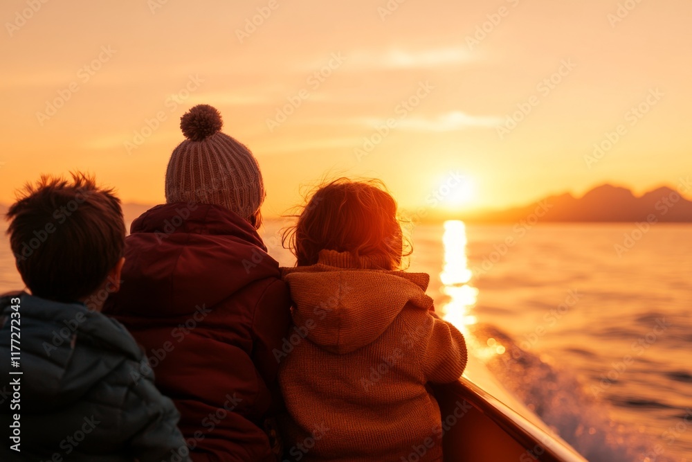 A family enjoying a sunset cruise in Rijeka, with the soft hues of dusk surrounding the boat A family enjoying a sunset cruise in Rijeka, with the soft hues of dusk surrounding the boat