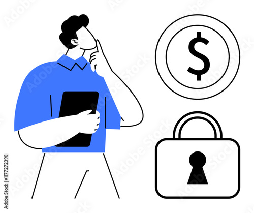 Individual pondering while holding a tablet, contemplating a dollar sign and lock. Ideal for financial planning, security, investment strategies, data protection, decision-making, business analysis