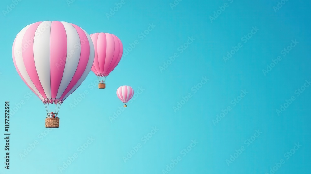 Fototapeta premium Romantic pink and white hot air balloons with Valentine accents, gently floating under a cloudless sky