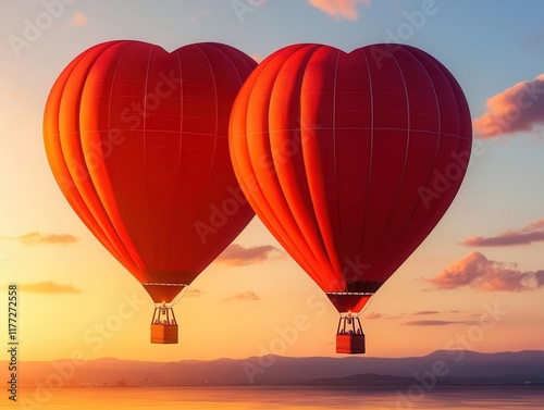 Heartadorned hot air balloons casting golden reflections at sunrise, set against a clear Valentine horizon photo