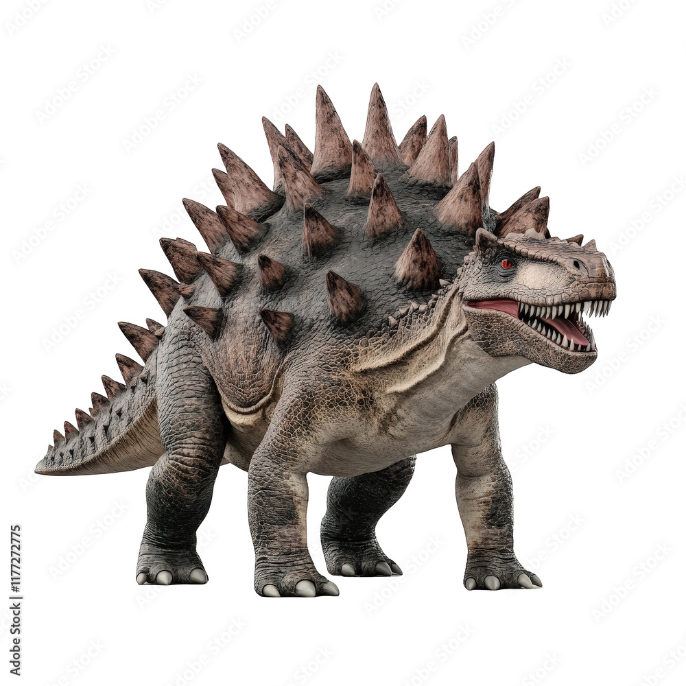 Fototapeta premium Stegosaurus with spiked tail and plates stands isolated on transparency background