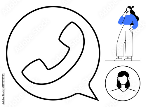 Large phone call icon surrounded by two female figures engaged in communication. Ideal for social interaction, connectivity, digital communication, support services, customer care, networking