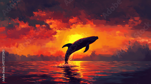  A whale breaching under a vivid sunset, its silhouette framed against the glowing horizon photo