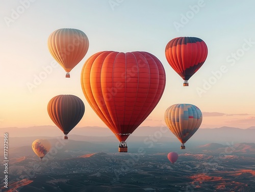 Heartadorned hot air balloons casting golden reflections at sunrise, set against a clear Valentine horizon photo