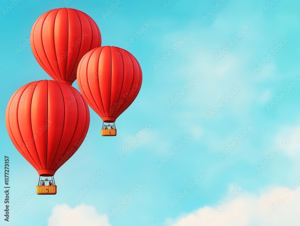 Fototapeta premium Hot air balloons in red and gold Valentine colors ascending in a radiant and cloudfree atmosphere