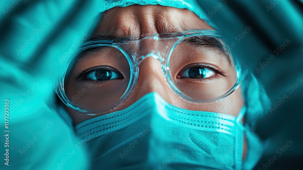 Medical professional in protective gear focuses on patient care in a clinical environment Medical professional in protective gear focuses on patient care in a clinical environment