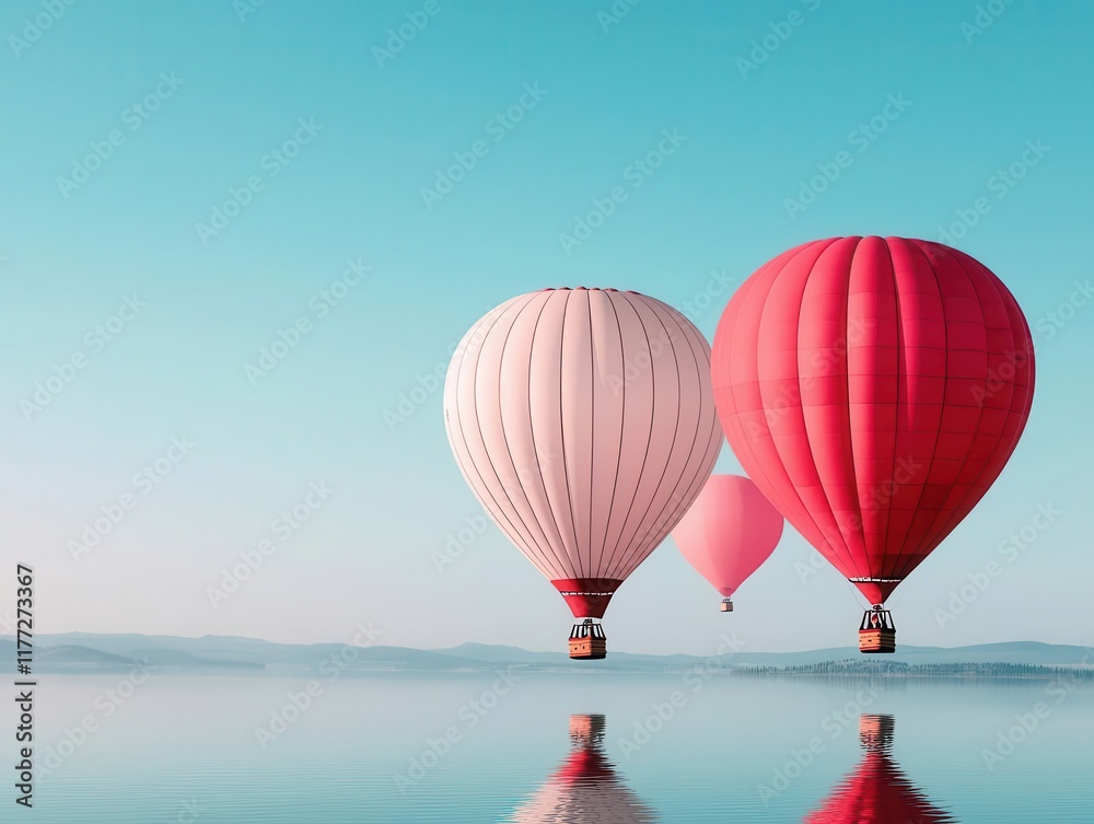 Fototapeta premium Pink and red Valentine hot air balloons reflecting on a lake under a clear, radiant sky