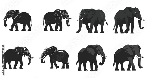 Abstract wild elephant silhouettes vector, Vector silhouettes of elephants in various poses, African elephant silhouettes in different positions, Elephant vector silhouettes set on white background