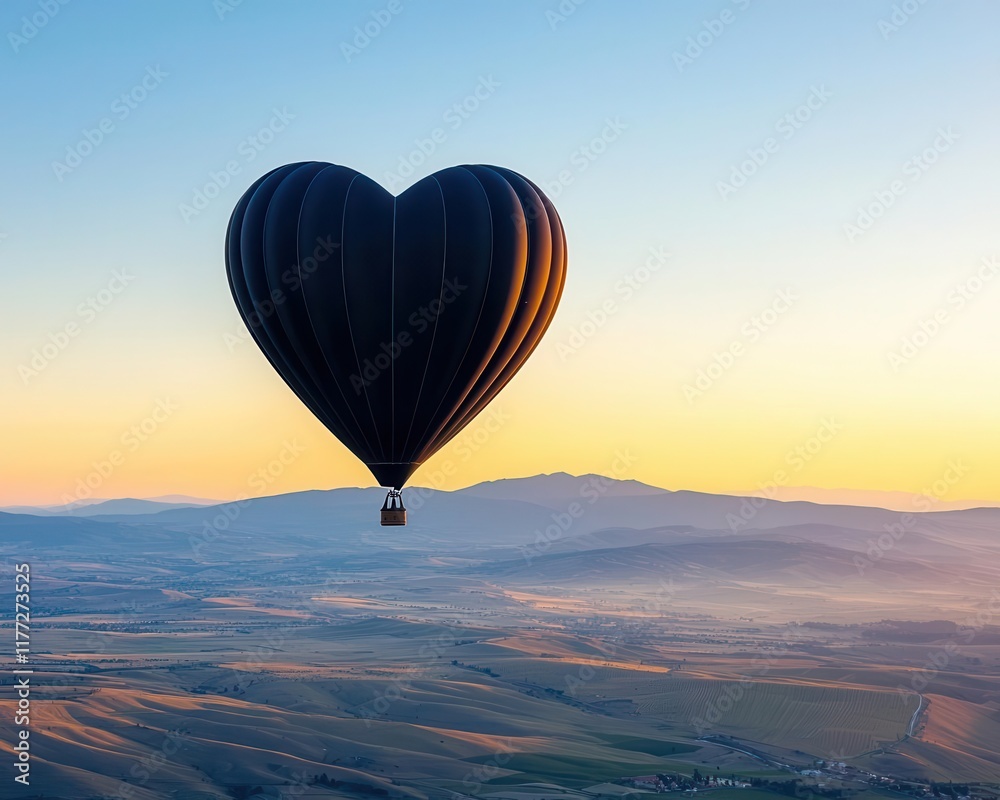 Fototapeta premium Heartshaped hot air balloons casting gentle shadows over a sunny landscape, serene and romantic