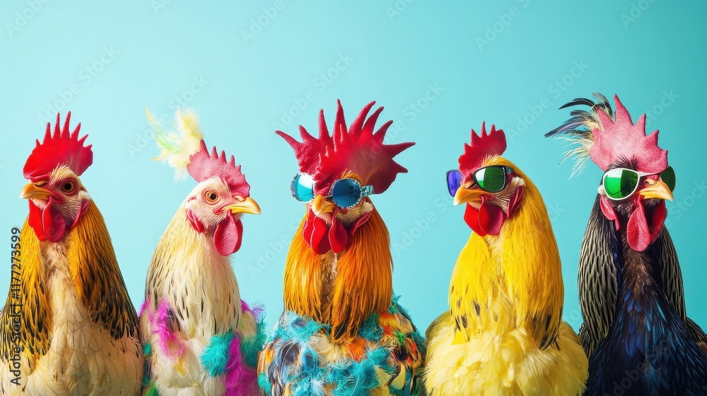 Fototapeta premium Creative animal concept. Group of chicken in funky Wacky wild mismatch colourful outfits on bright background advertisement, copy space. birthday party invite invitation banner