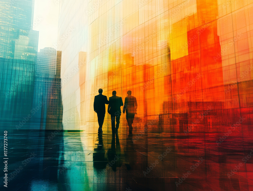 Silhouettes of professionals walking in vibrant urban setting Silhouettes of professionals walking in vibrant urban setting