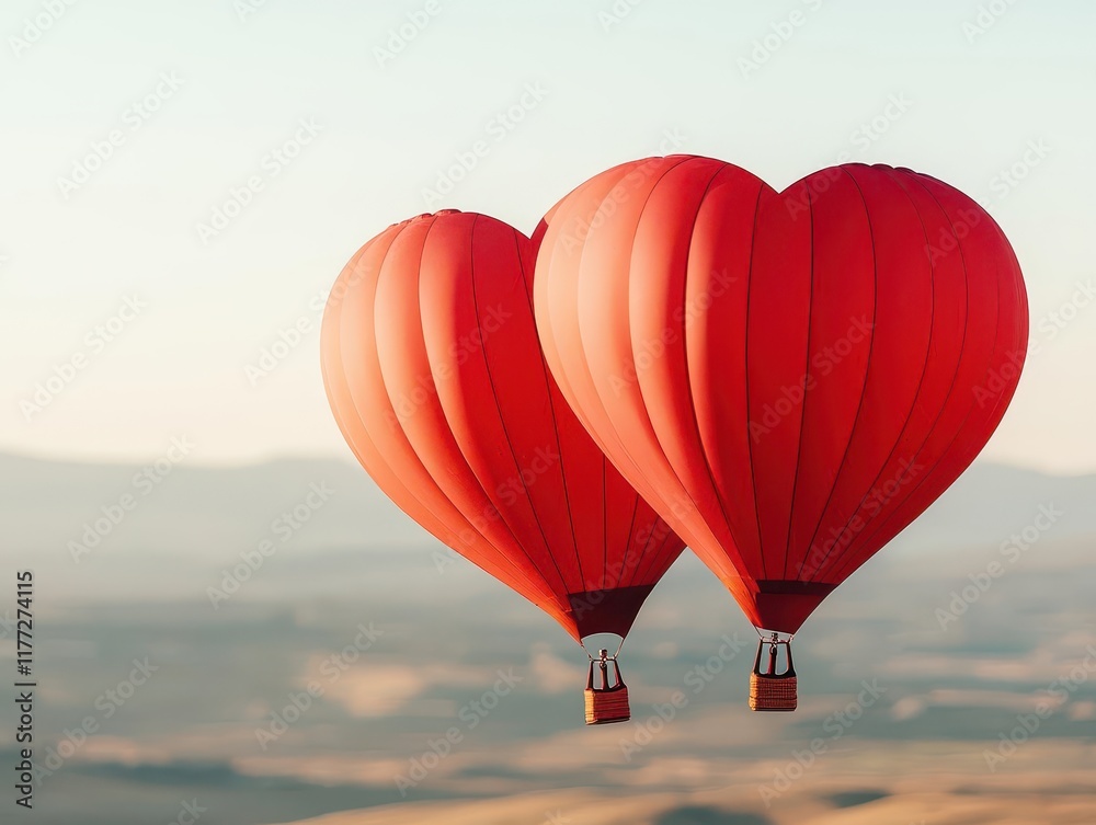 Fototapeta premium Heartshaped hot air balloons casting gentle shadows over a sunny landscape, serene and romantic