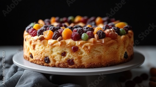 Fruit Cake with Colorful Candied Fruits and Nuts on a Plate, Perfect for Celebrations and Holidays
