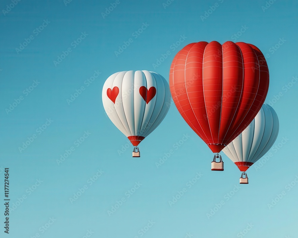 Fototapeta premium Hot air balloons shaped like cupid s arrows, ascending into a bright and cloudless Valentine sky