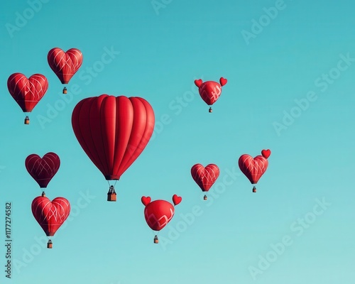 Hot air balloons shaped like cupid s arrows, ascending into a bright and cloudless Valentine sky photo