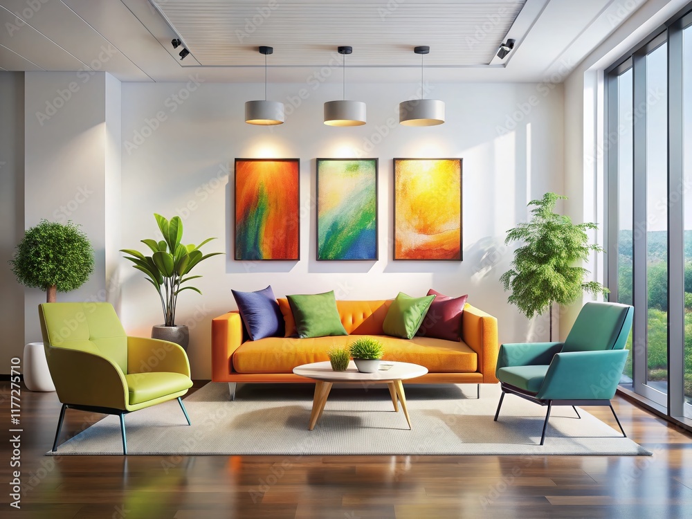Fototapeta premium Bright Unique Gallery Sitting Area Interior Design Stock Photo