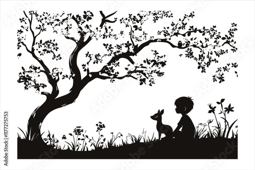 Vector silhouette of a man sitting on a tree with a cute deer standing gracefully under the tree