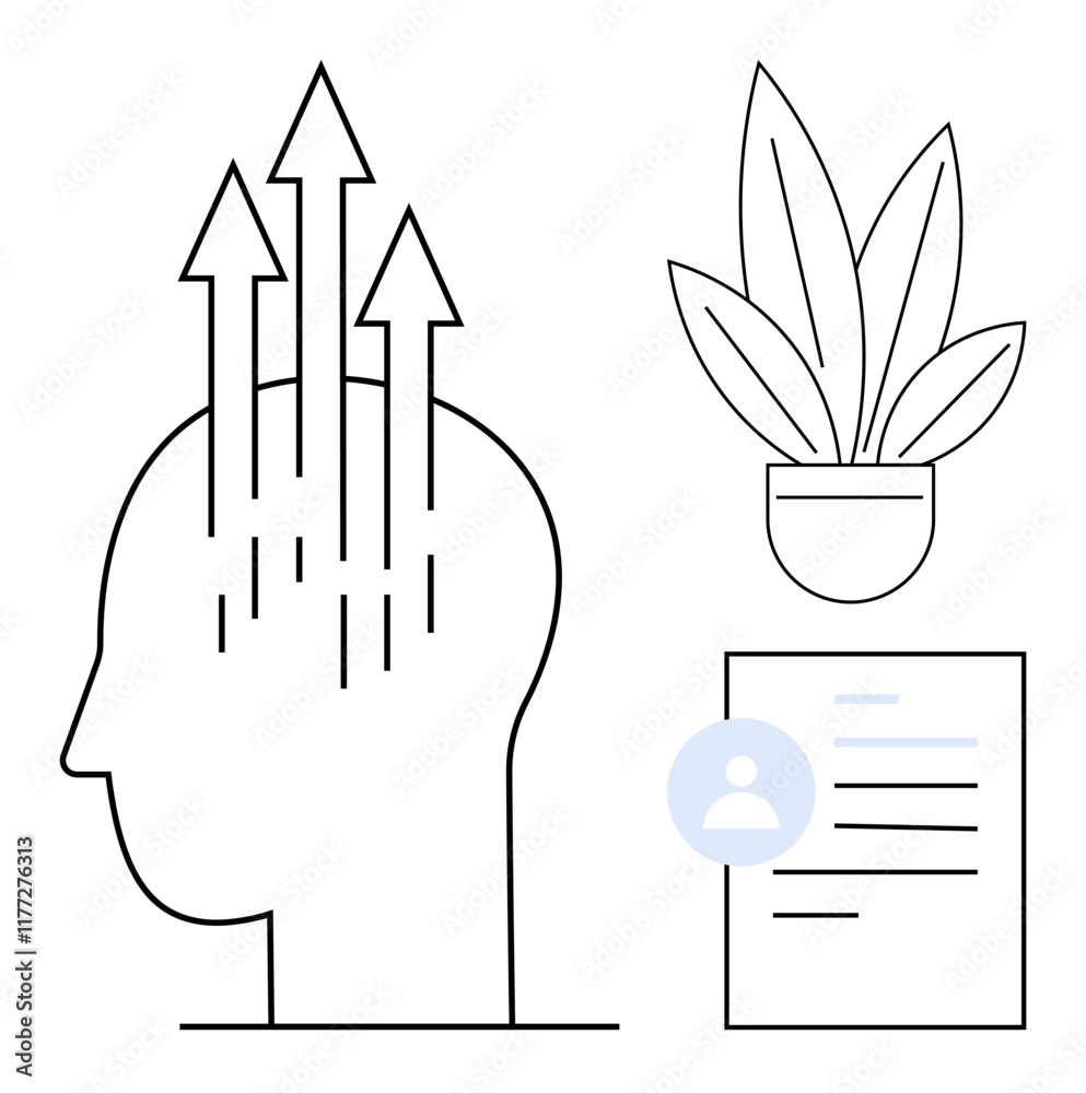 Profile of a head with upward arrows, a potted plant, and a document icon. Ideal for mental growth, personal development, career advancement, self-improvement, mindfulness, motivation education Profile of a head with upward arrows, a potted plant, and a document icon. Ideal for mental growth, personal development, career advancement, self-improvement, mindfulness, motivation education