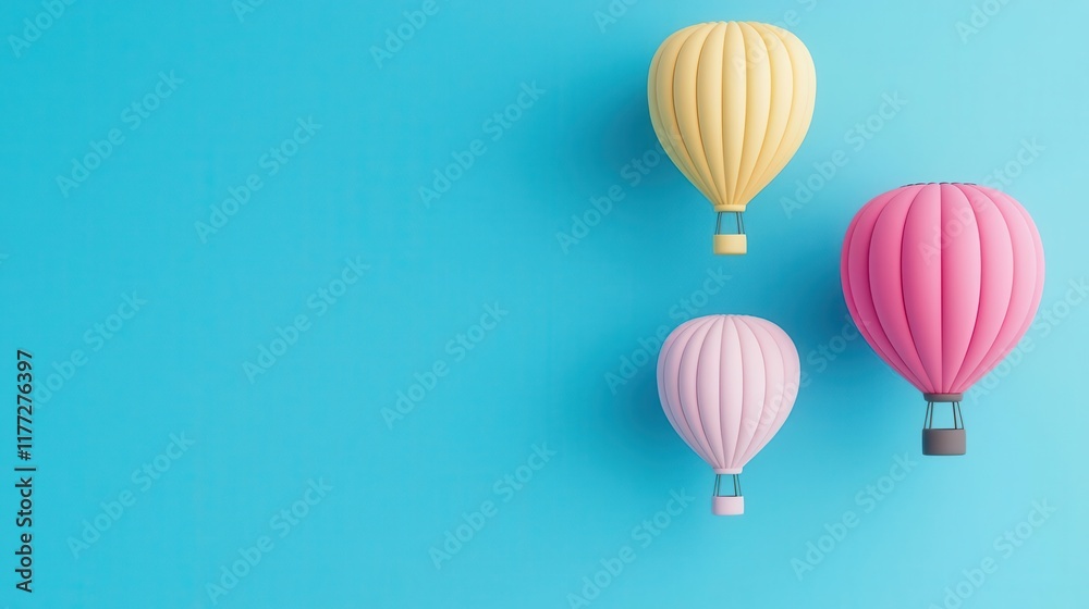 Obraz premium Hot air balloons in soft pastel Valentine colors rising against a deep blue, cloudfree sky