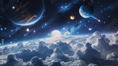 Cosmic Dreamscape Planets, Stars, and Celestial Clouds in a Surreal Space Scene