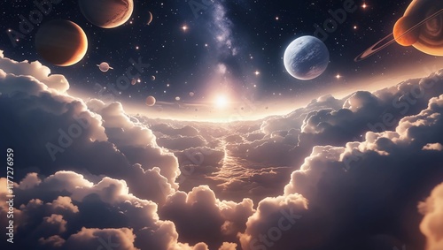 Cosmic Dreamscape Planets, Stars, and Celestial Clouds in a Surreal Space Scene